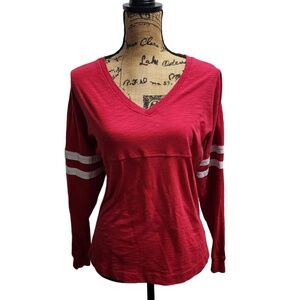 Boxercraft Shirt Womens Size Extra Small Red Long Sleeve VNeck Striped Casual Sp